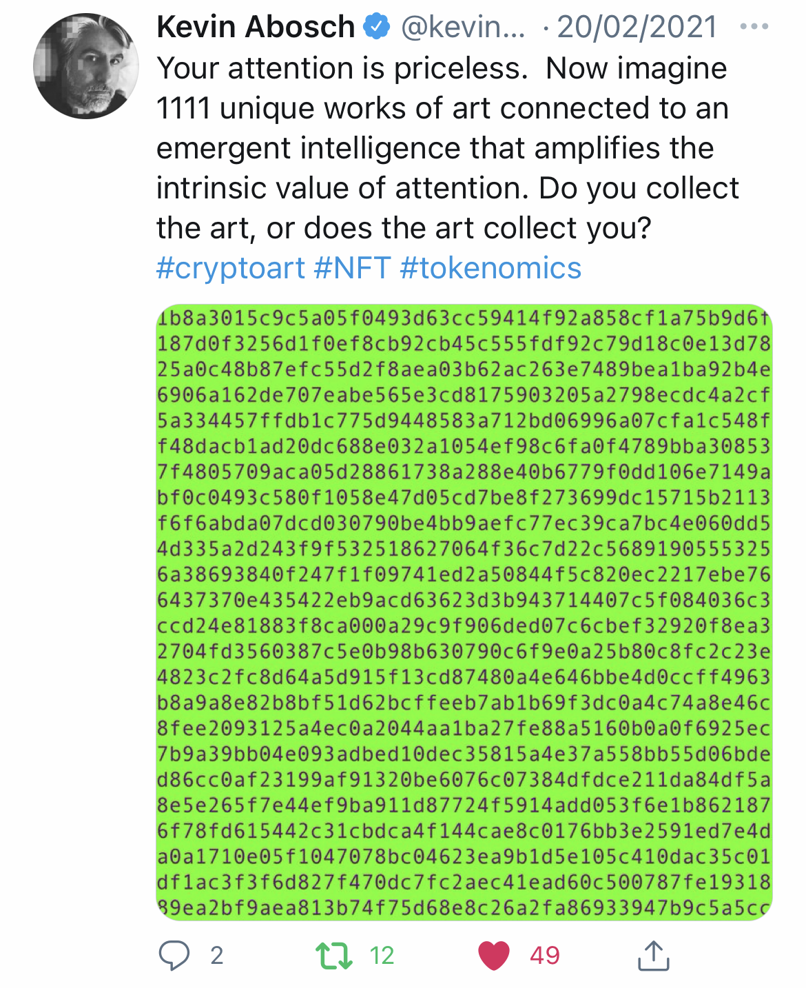 Kevin Abosch's X post about this 1111