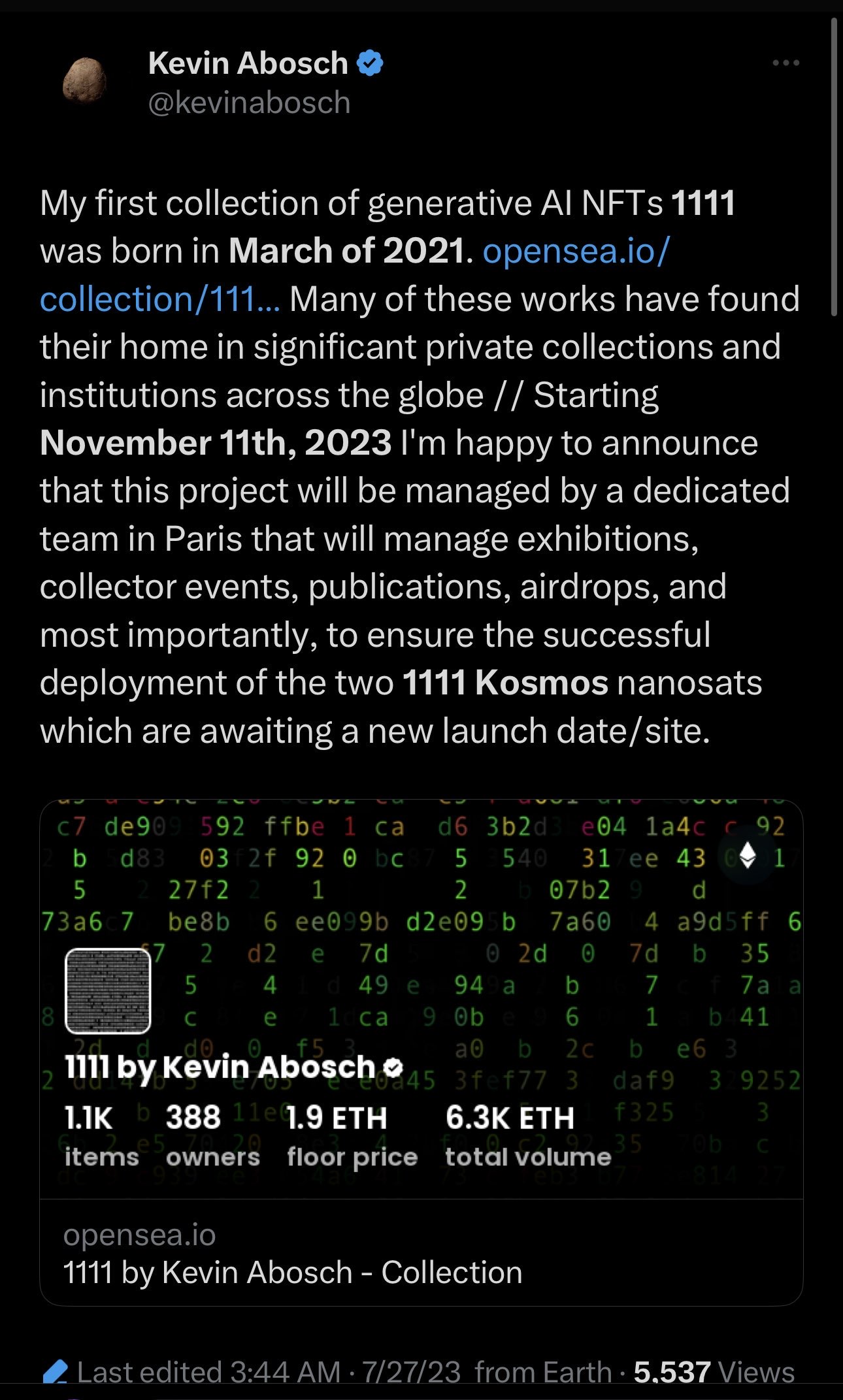 Kevin Abosch's X post about this 1111